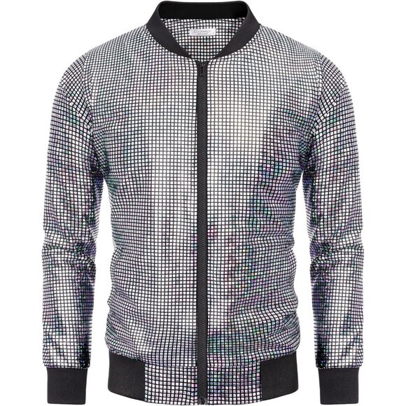 Men's Sequined Laser Silver Shiny Fabric Varsity Bomber Jacket Zipper Shirts